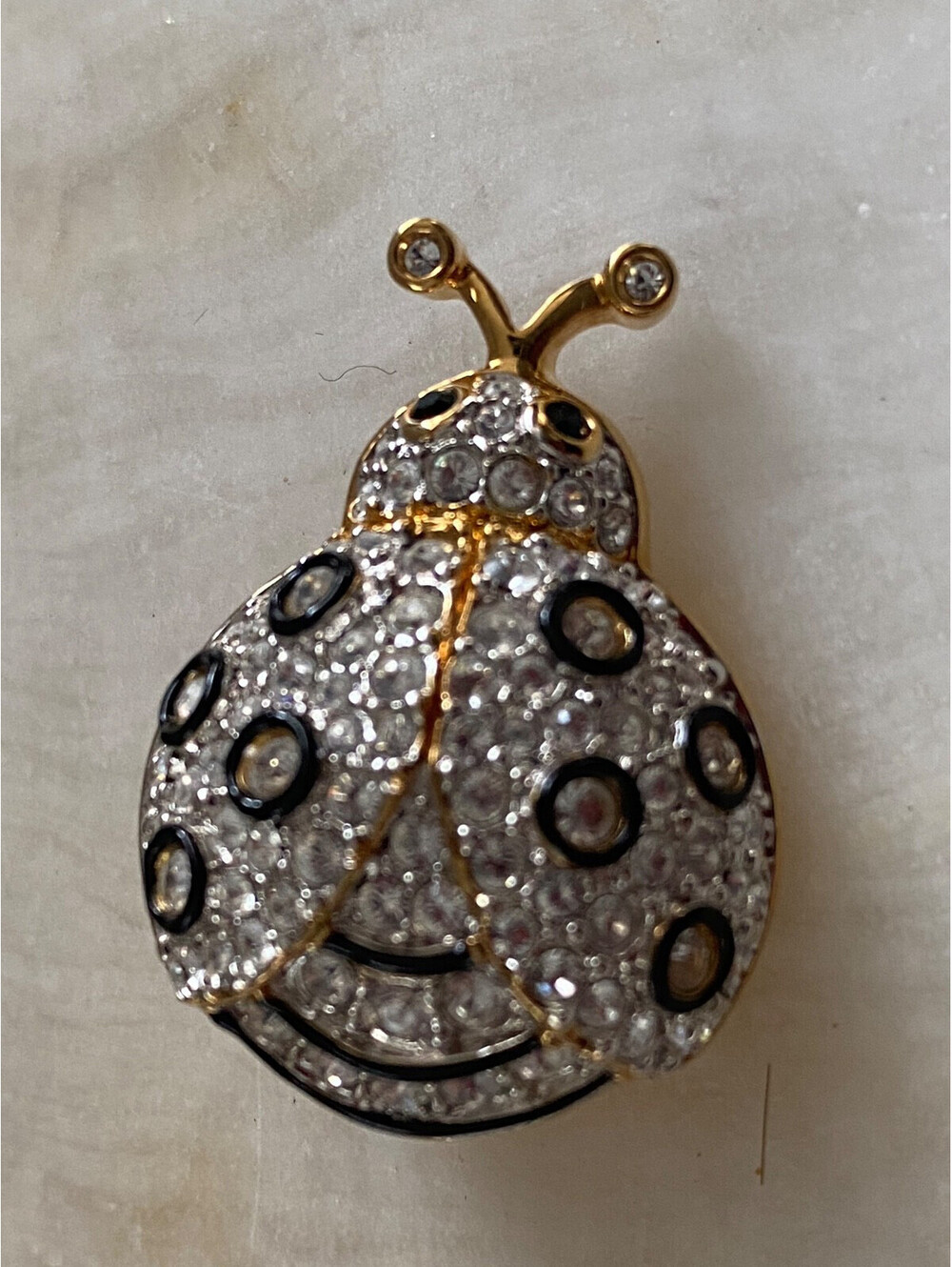 Vintage Rare Swarovski Black White Austrian Crystal Ladybug Beetle Brooch Pin